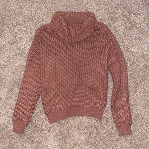 Size small sweater, burgundy, with cross open back, and slouchy turtleneck.